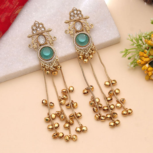 Rama Green Color Long Kashmiri Earrings with Premium Traditional Artwork