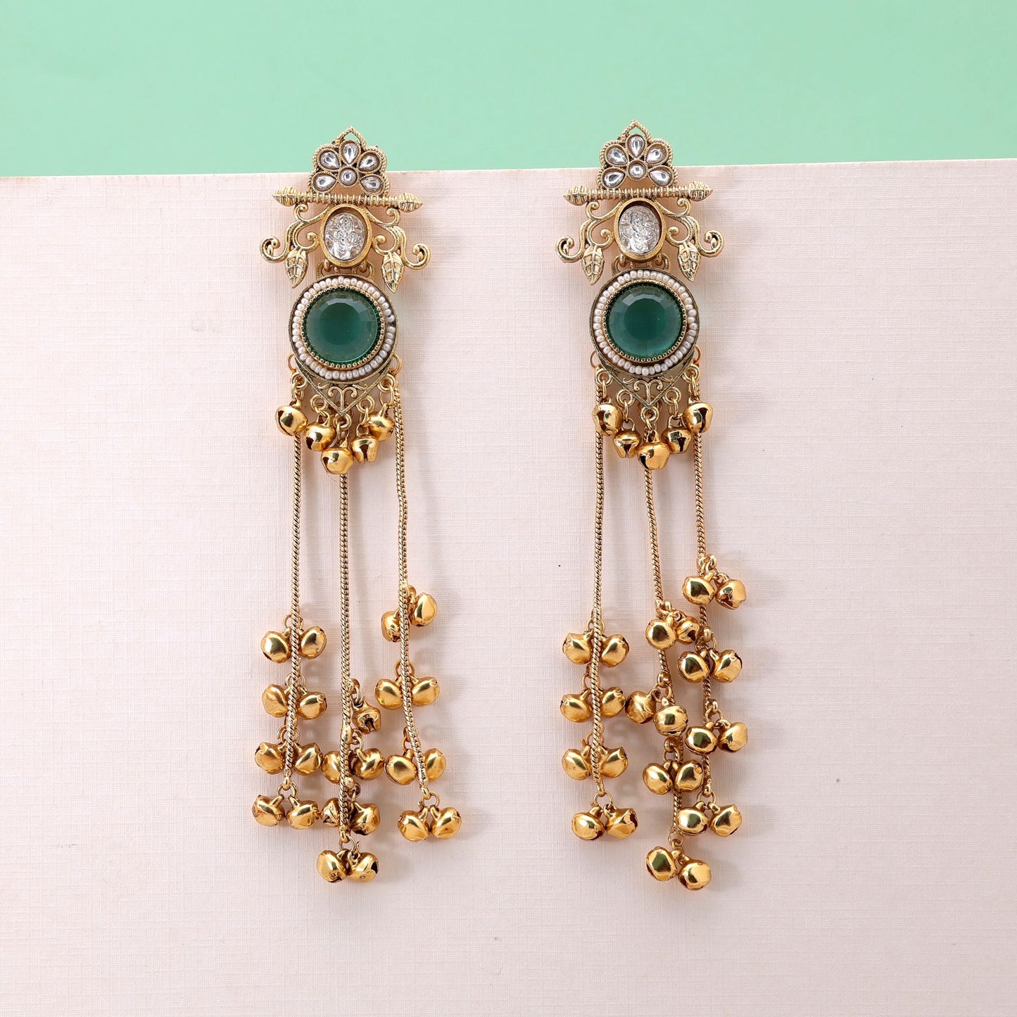 Rama Green Color Long Kashmiri Earrings with Premium Traditional Artwork