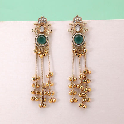 Rama Green Color Long Kashmiri Earrings with Premium Traditional Artwork