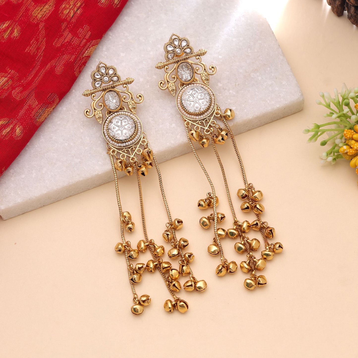 White Color Long Kashmiri Earrings Featuring Beautiful Traditional Fashion Style