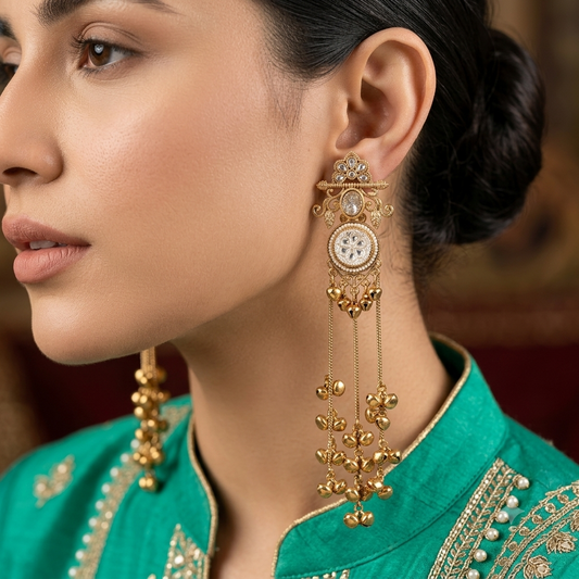 White Color Long Kashmiri Earrings Featuring Beautiful Traditional Fashion Style