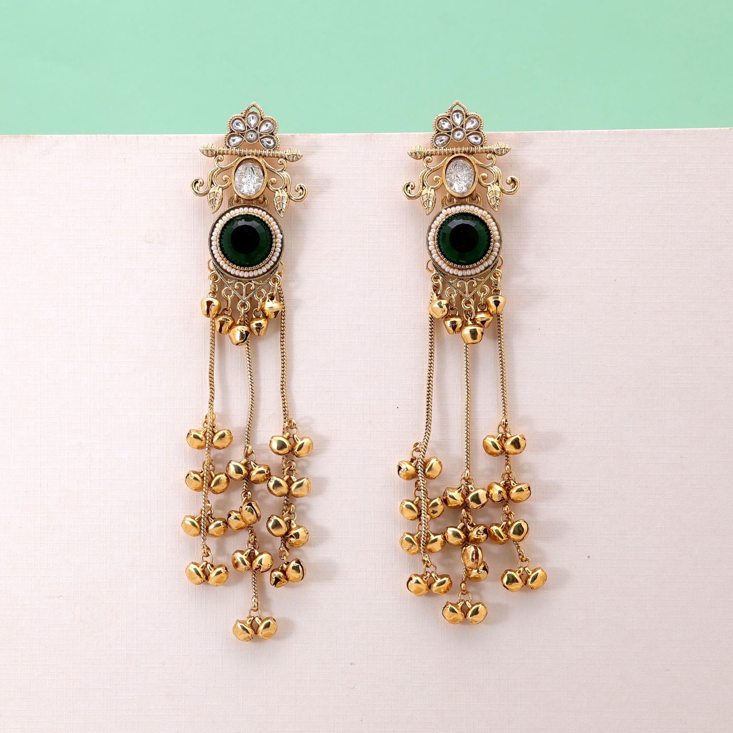 Green Color Long Kashmiri Earrings Featuring Artistic Traditional Fashion Appeal