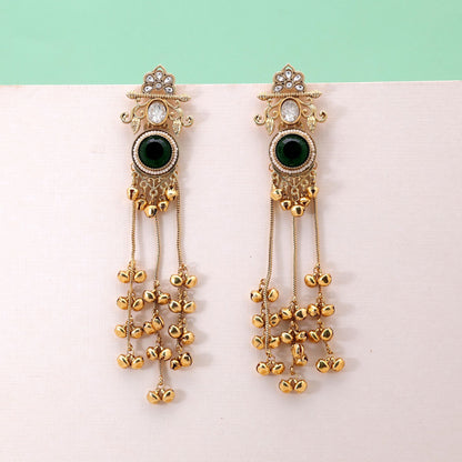 Green Color Long Kashmiri Earrings Featuring Artistic Traditional Fashion Appeal