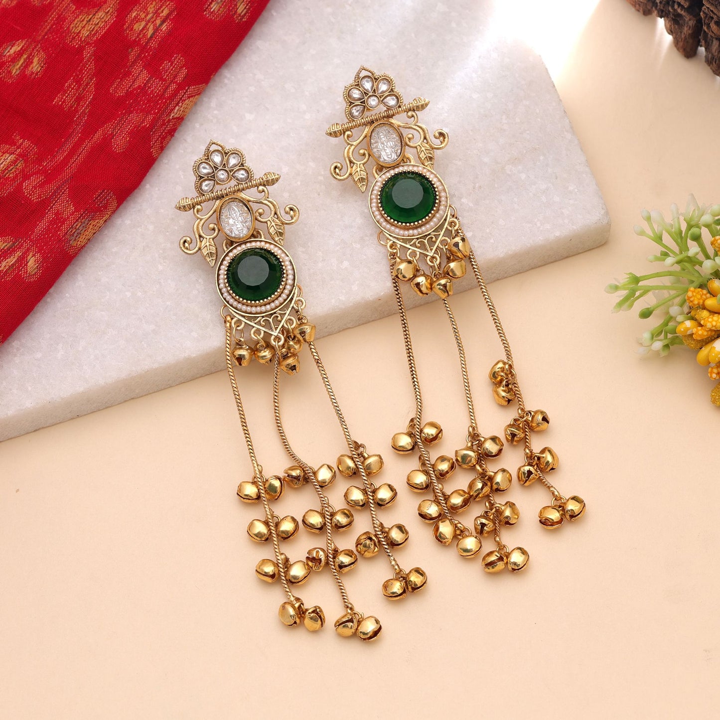 Green Color Long Kashmiri Earrings Featuring Artistic Traditional Fashion Appeal