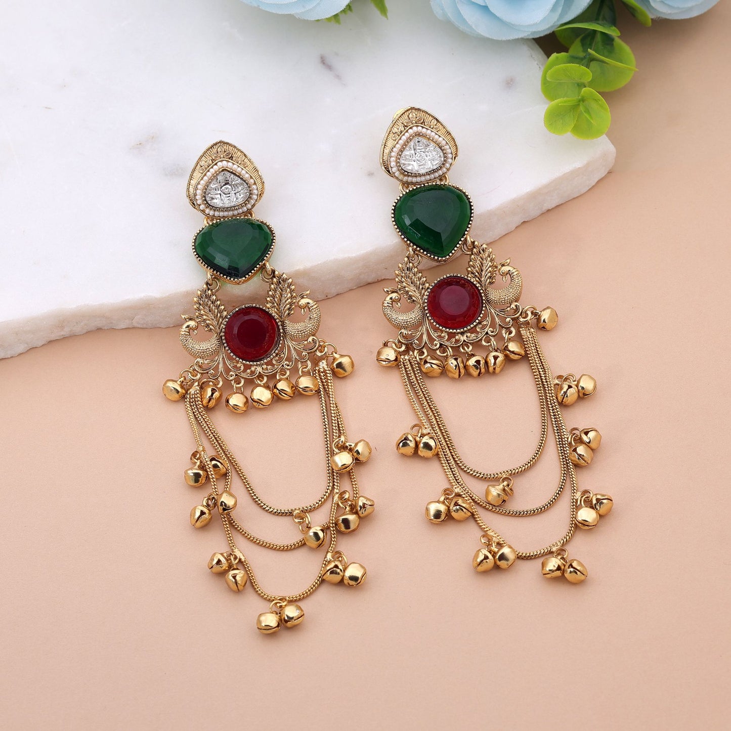 Green & Red Color Long Kashmiri Earrings with Beautiful Festive Jewelry Style