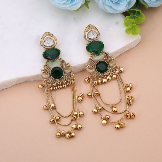 Green Color Long Kashmiri Earrings Featuring Stylish Handmade Jewelry Appeal