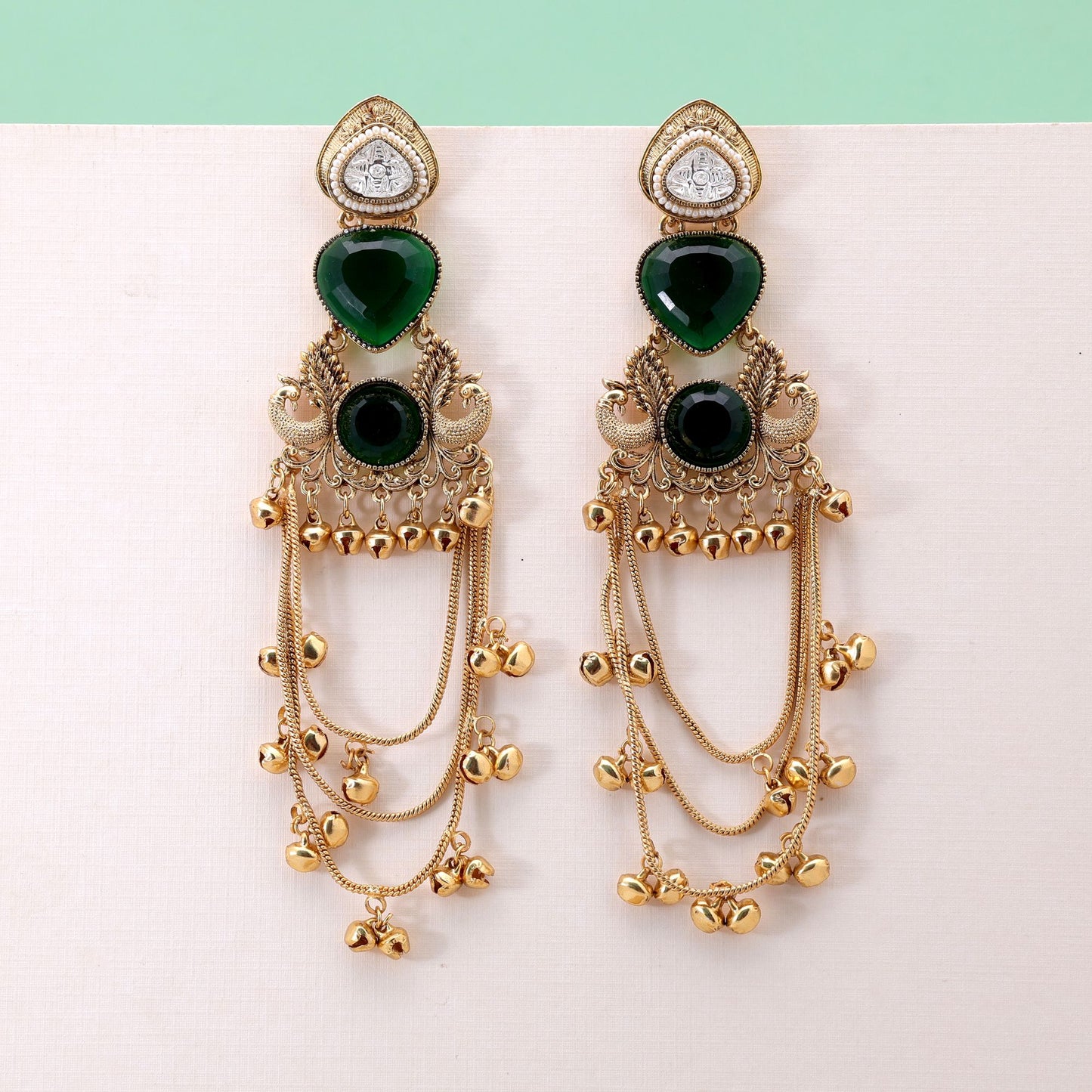 Green Color Long Kashmiri Earrings Featuring Stylish Handmade Jewelry Appeal