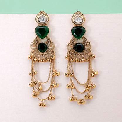 Green Color Long Kashmiri Earrings Featuring Stylish Handmade Jewelry Appeal