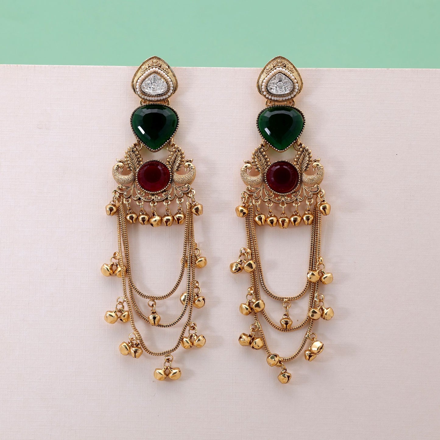 Green & Red Color Long Kashmiri Earrings with Beautiful Festive Jewelry Style