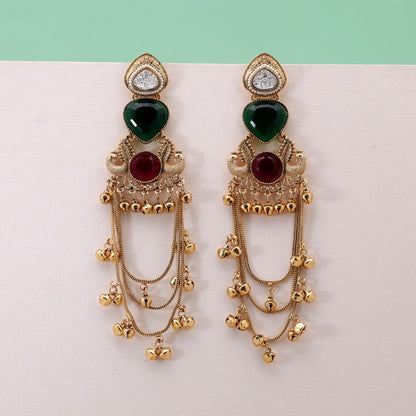 Green & Red Color Long Kashmiri Earrings with Beautiful Festive Jewelry Style