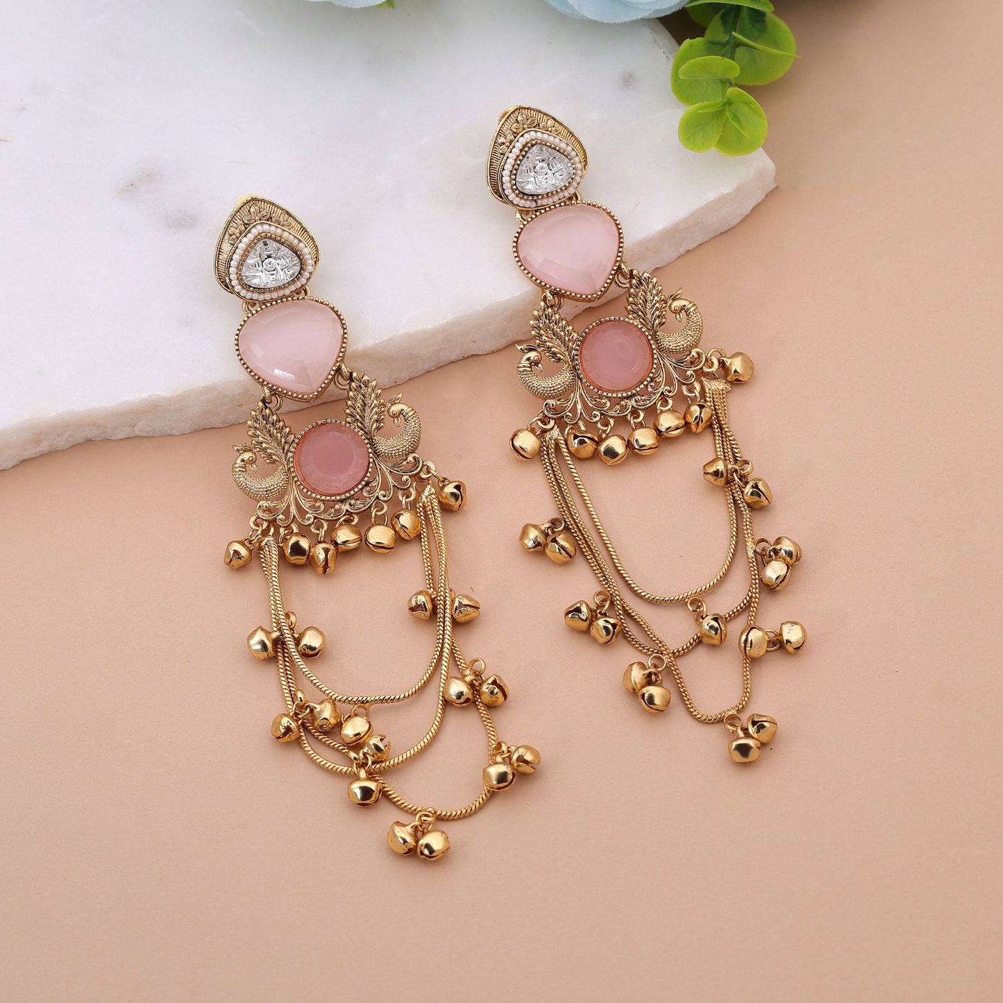 Light Pink Stone Long Kashmiri Earrings Featuring Premium Handmade Jewelry Style