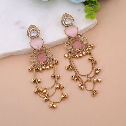 Light Pink Stone Long Kashmiri Earrings Featuring Premium Handmade Jewelry Style