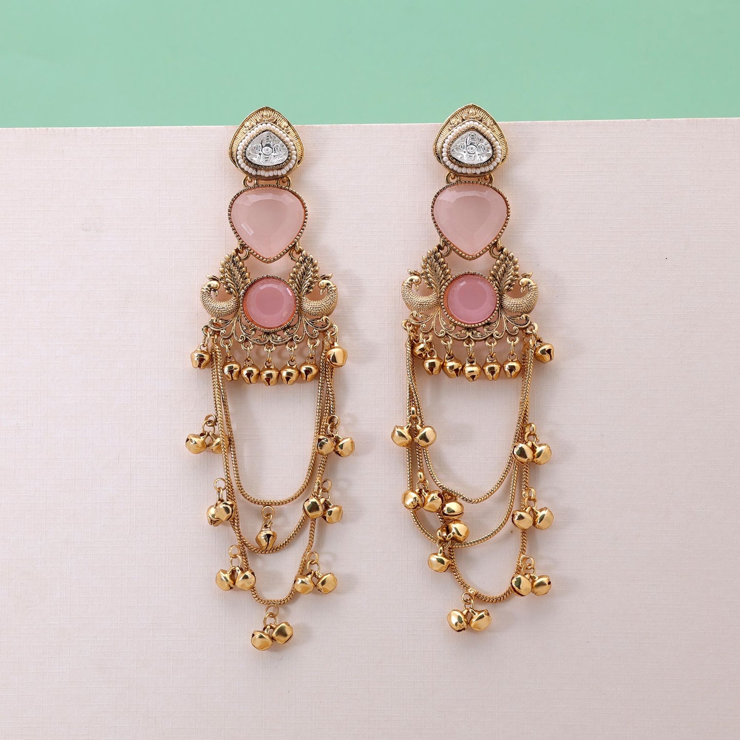 Light Pink Stone Long Kashmiri Earrings Featuring Premium Handmade Jewelry Style