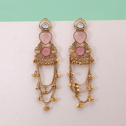 Light Pink Stone Long Kashmiri Earrings Featuring Premium Handmade Jewelry Style