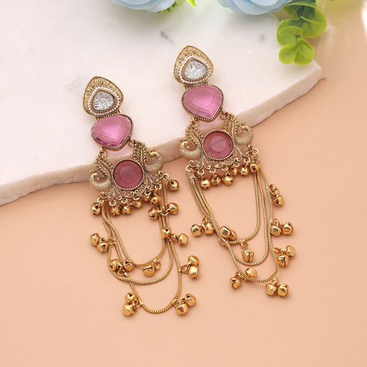 Pink Color Long Kashmiri Earrings Crafted with Beautiful Traditional Artwork