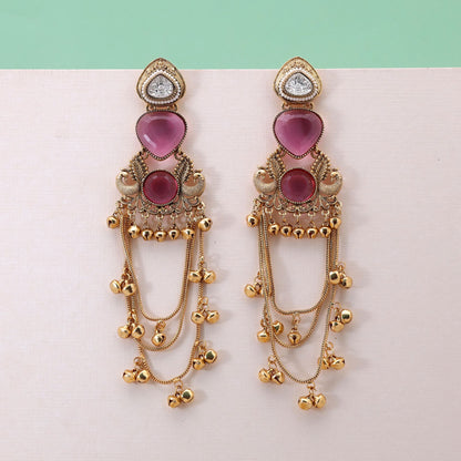 Pink Color Long Kashmiri Earrings Crafted with Beautiful Traditional Artwork