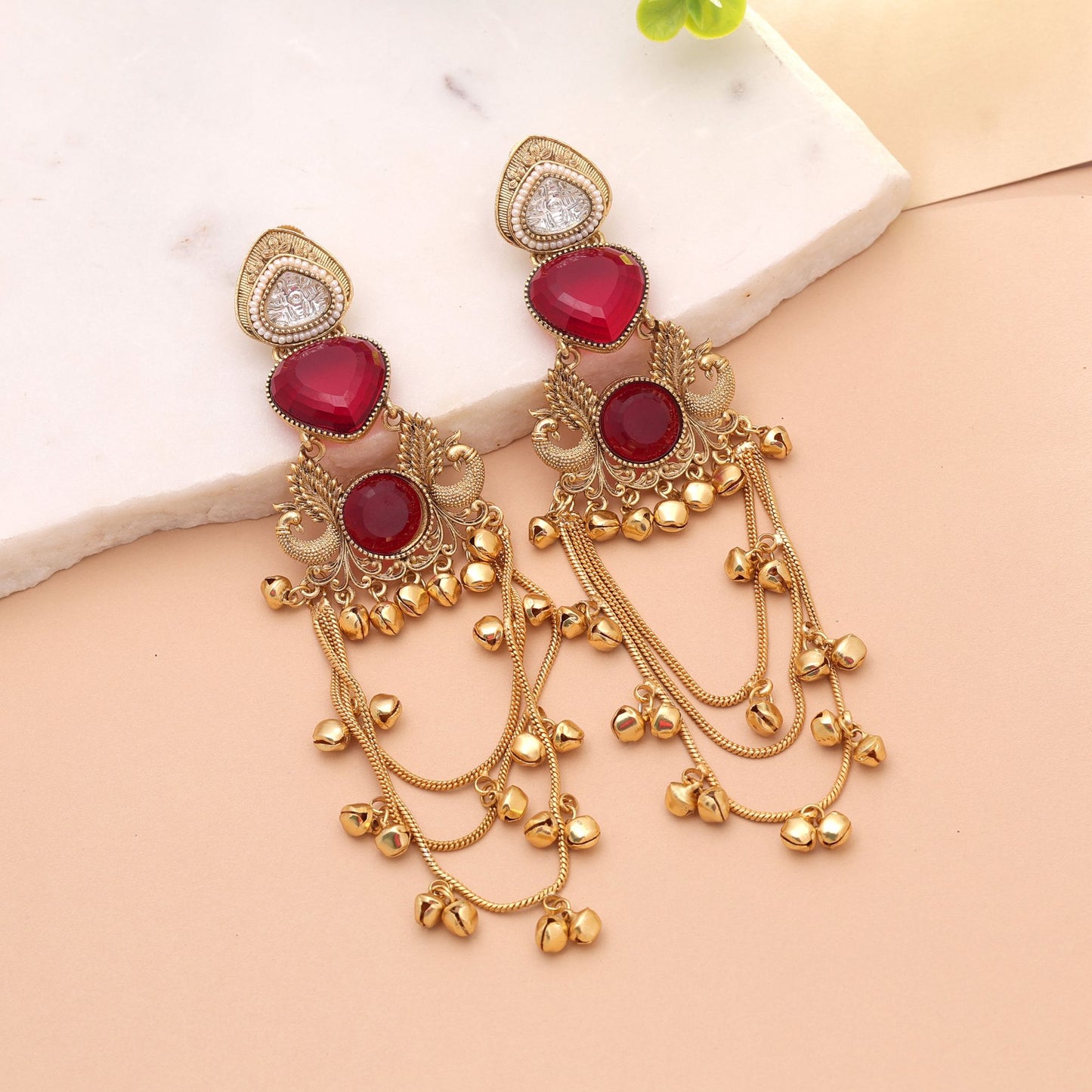 Red Color Long Kashmiri Earrings with Elegant Ethnic Designer Fashion Look