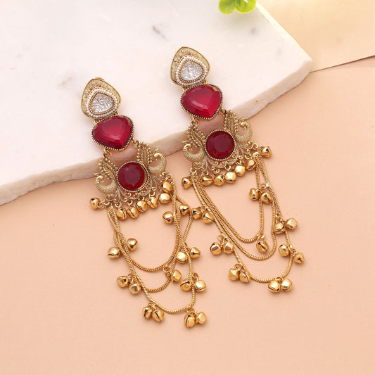 Red Color Long Kashmiri Earrings with Elegant Ethnic Designer Fashion Look