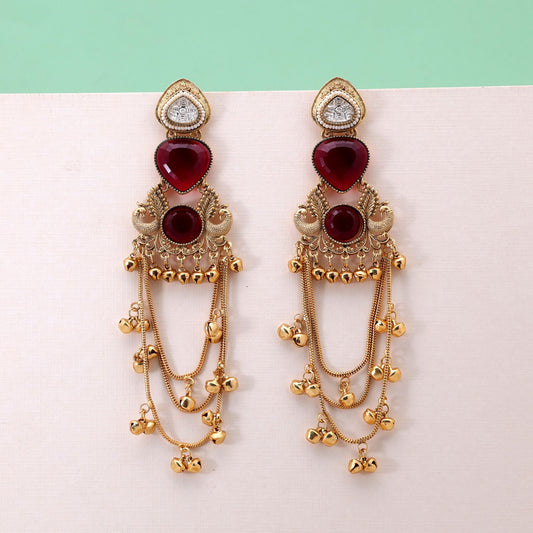 Red Color Long Kashmiri Earrings with Elegant Ethnic Designer Fashion Look