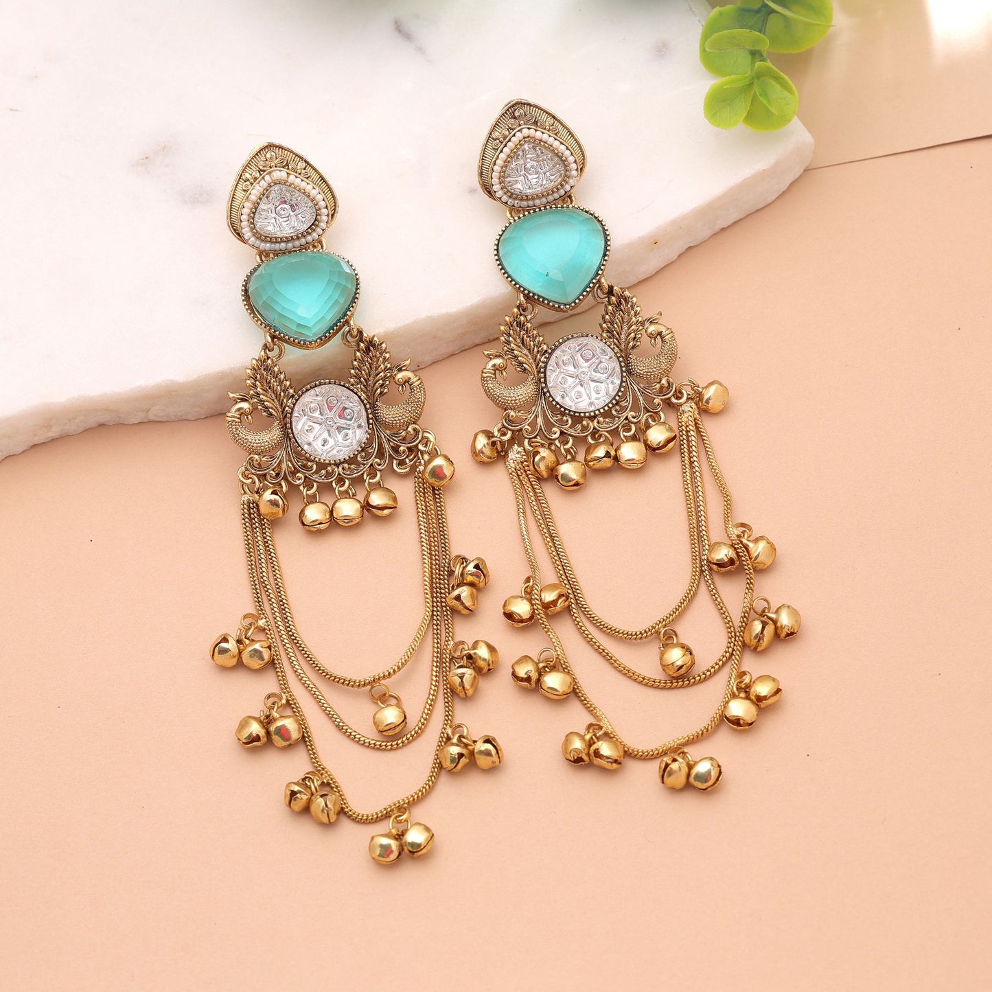 Rama Green Color Long Kashmiri Earrings Crafted with Elegant Handmade Artwork