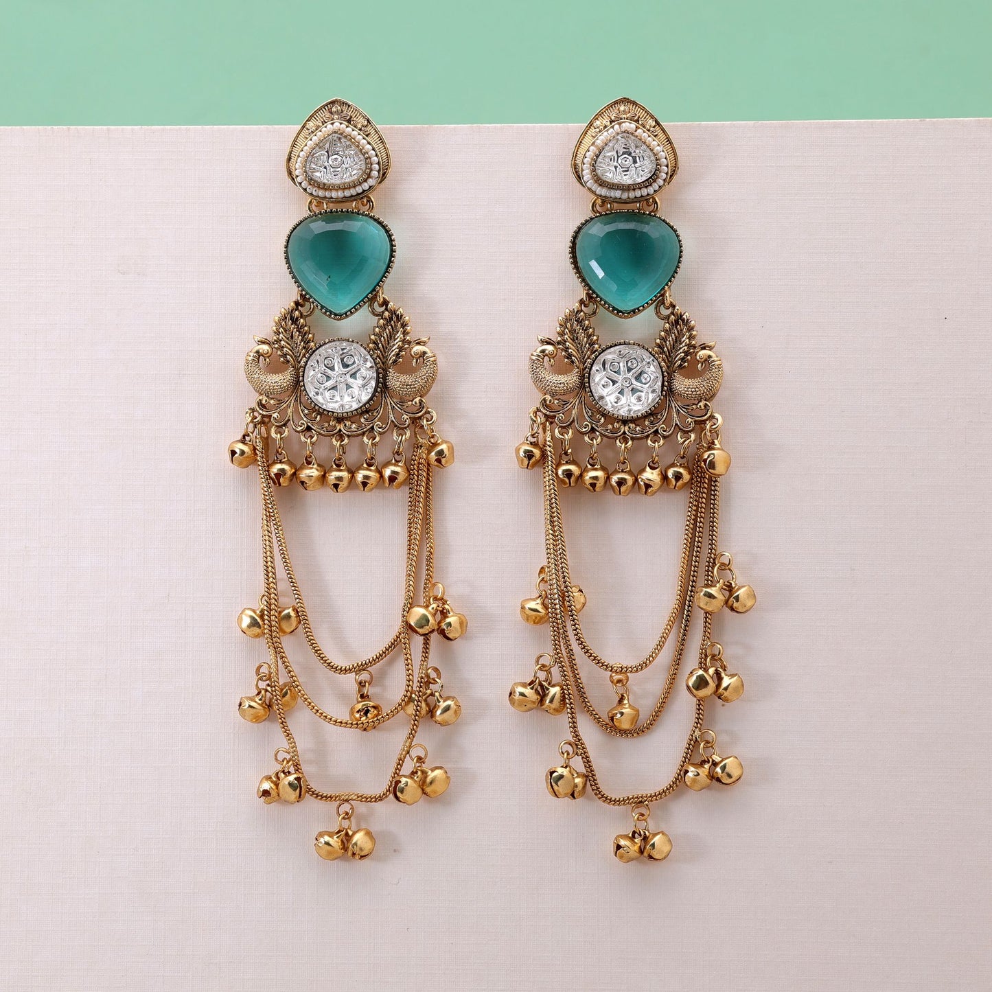 Rama Green Color Long Kashmiri Earrings Crafted with Elegant Handmade Artwork