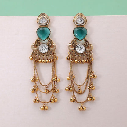 Rama Green Color Long Kashmiri Earrings Crafted with Elegant Handmade Artwork