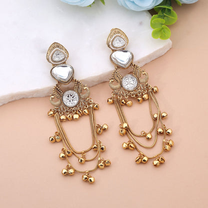 White Color Long Kashmiri Earrings with Elegant Artistic Traditional Design