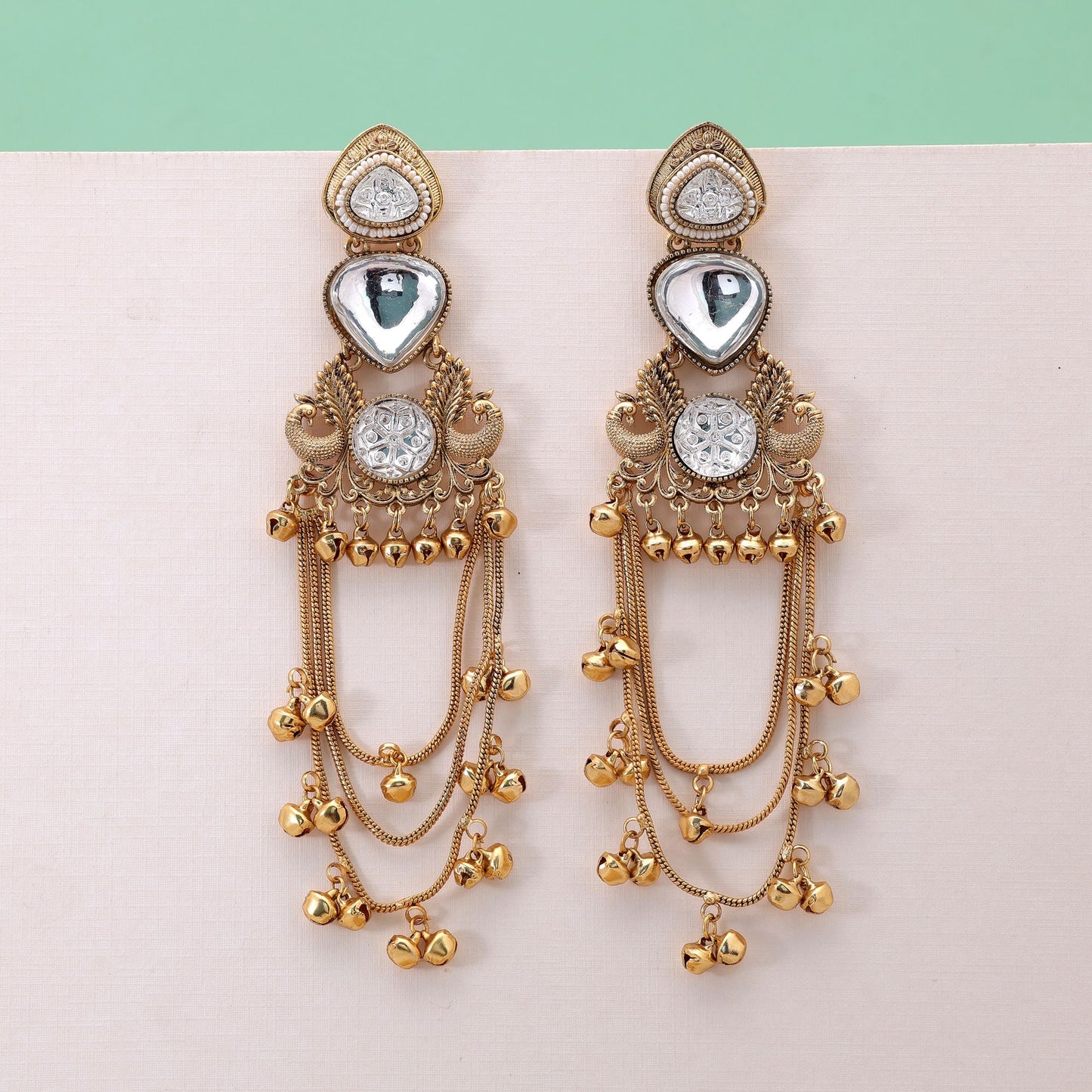 White Color Long Kashmiri Earrings with Elegant Artistic Traditional Design