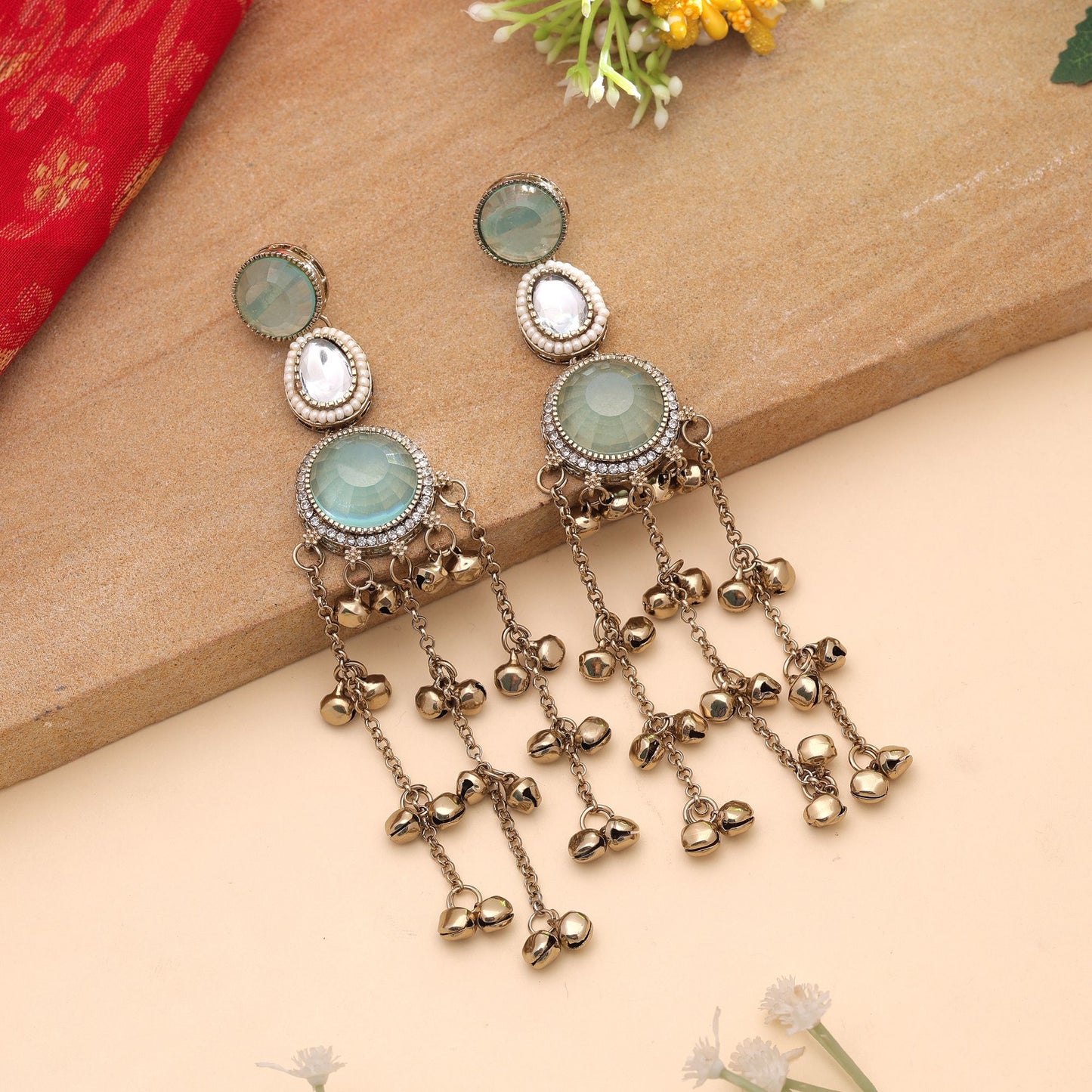 Aqua Color Long Kashmiri Earrings with Beautiful Ethnic Traditional Appeal