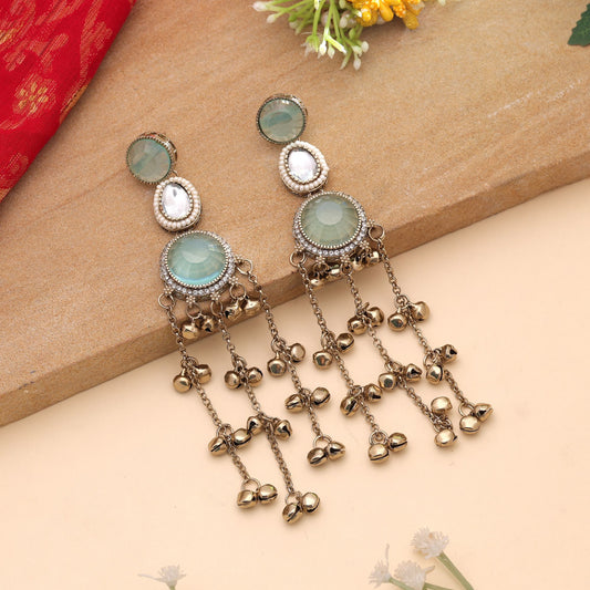 Aqua Color Long Kashmiri Earrings with Beautiful Ethnic Traditional Appeal
