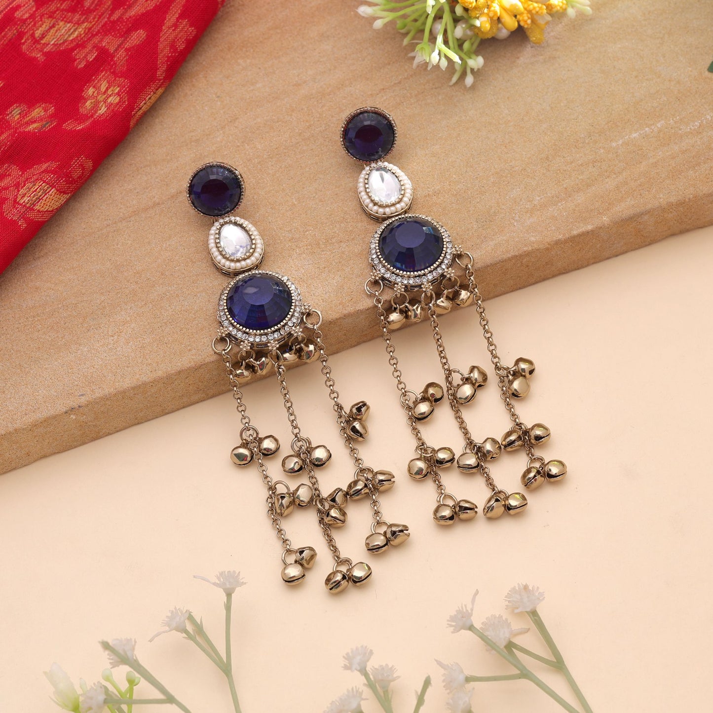 Blue Color Long Kashmiri Earrings Featuring Elegant Handmade Fashion Jewelry Style