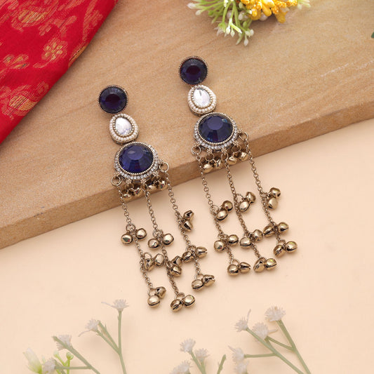 Blue Color Long Kashmiri Earrings Featuring Elegant Handmade Fashion Jewelry Style