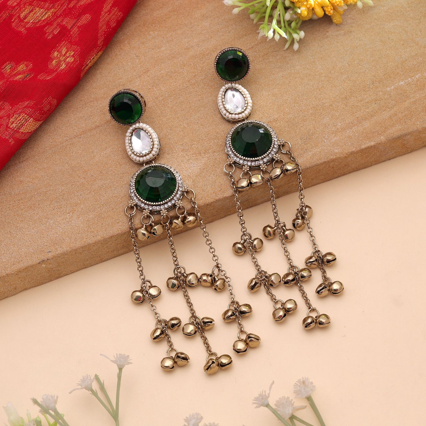 Green Color Long Kashmiri Earrings Crafted with Premium Traditional Design