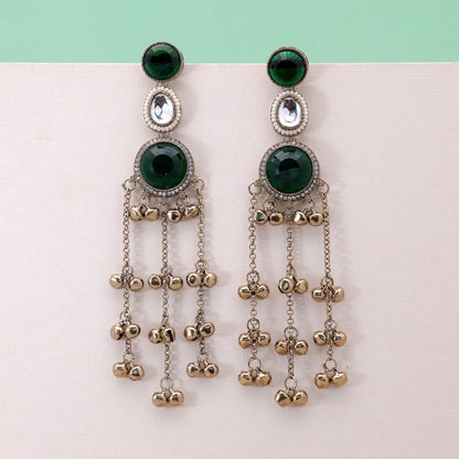 Green Color Long Kashmiri Earrings Crafted with Premium Traditional Design