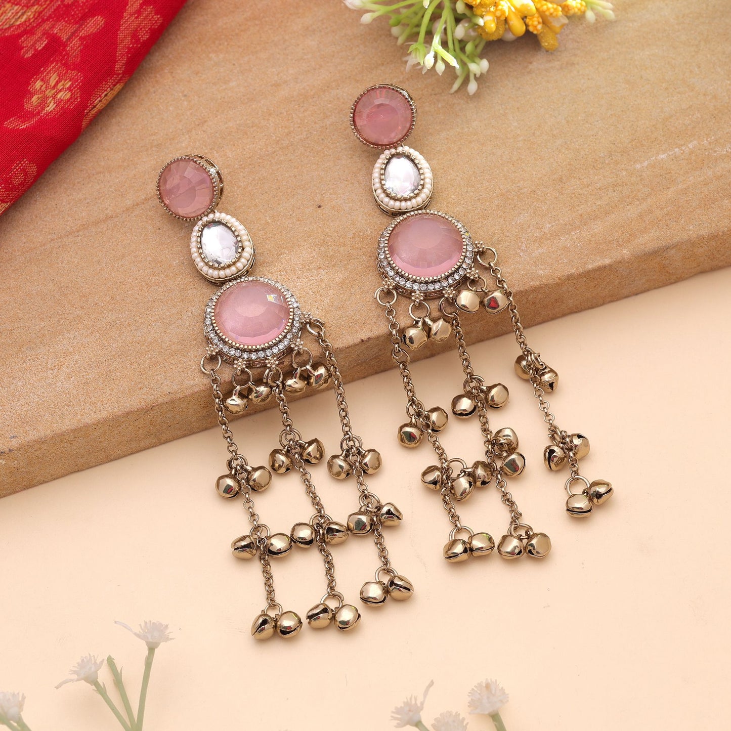 Light Pink Stone Long Kashmiri Earrings Featuring Beautiful Artistic Jewelry Appeal