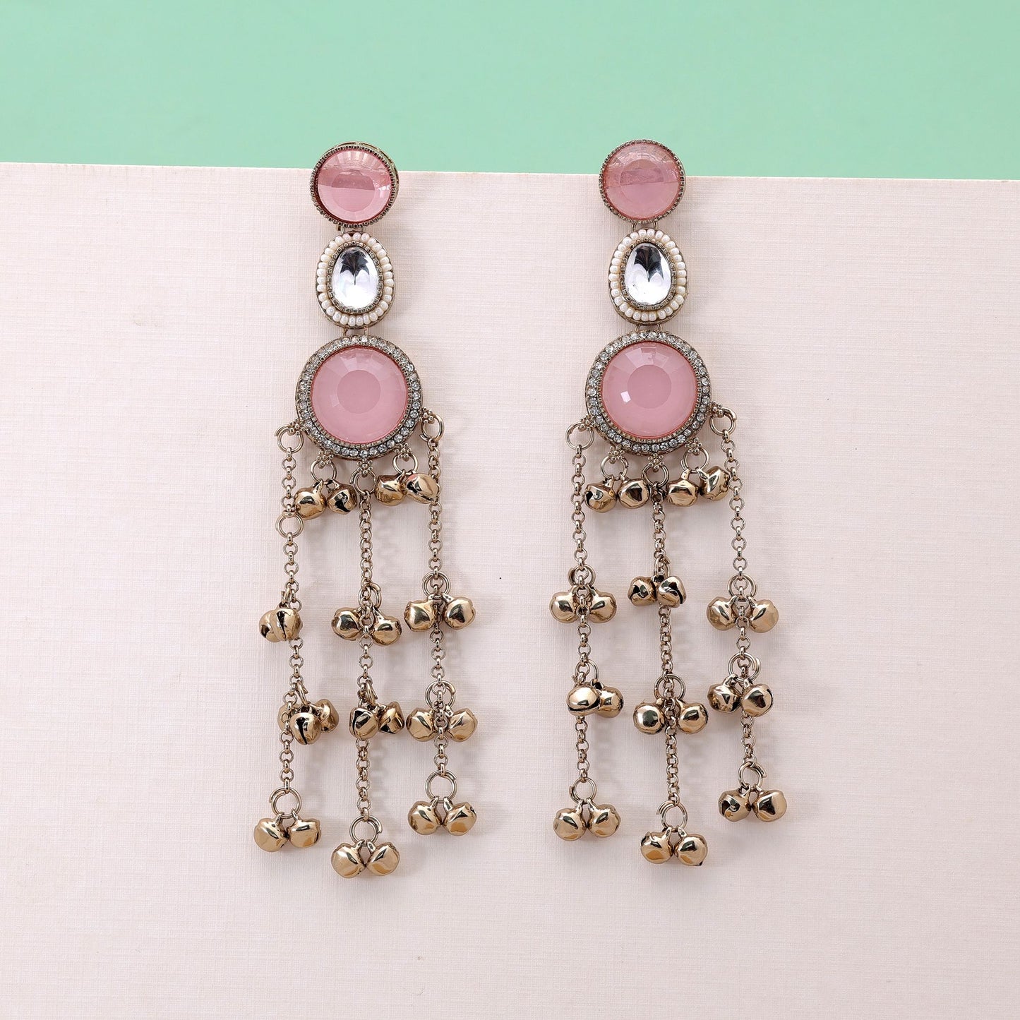 Light Pink Stone Long Kashmiri Earrings Featuring Beautiful Artistic Jewelry Appeal
