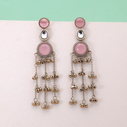 Light Pink Stone Long Kashmiri Earrings Featuring Beautiful Artistic Jewelry Appeal