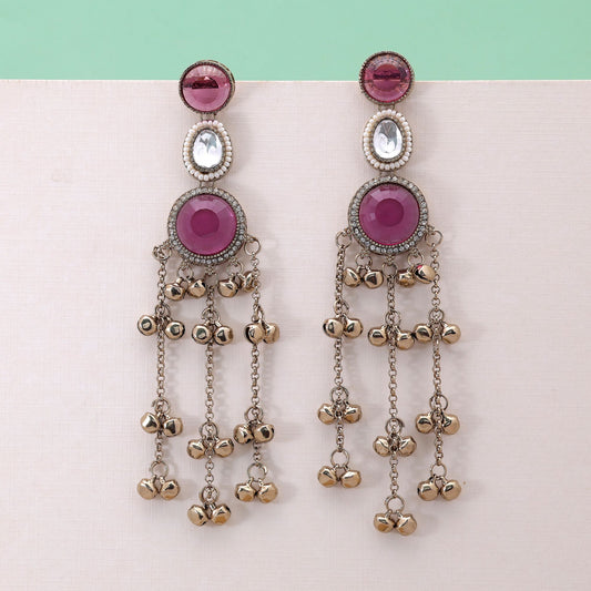 Purple Color Long Kashmiri Earrings Crafted with Elegant Traditional Fashion Look