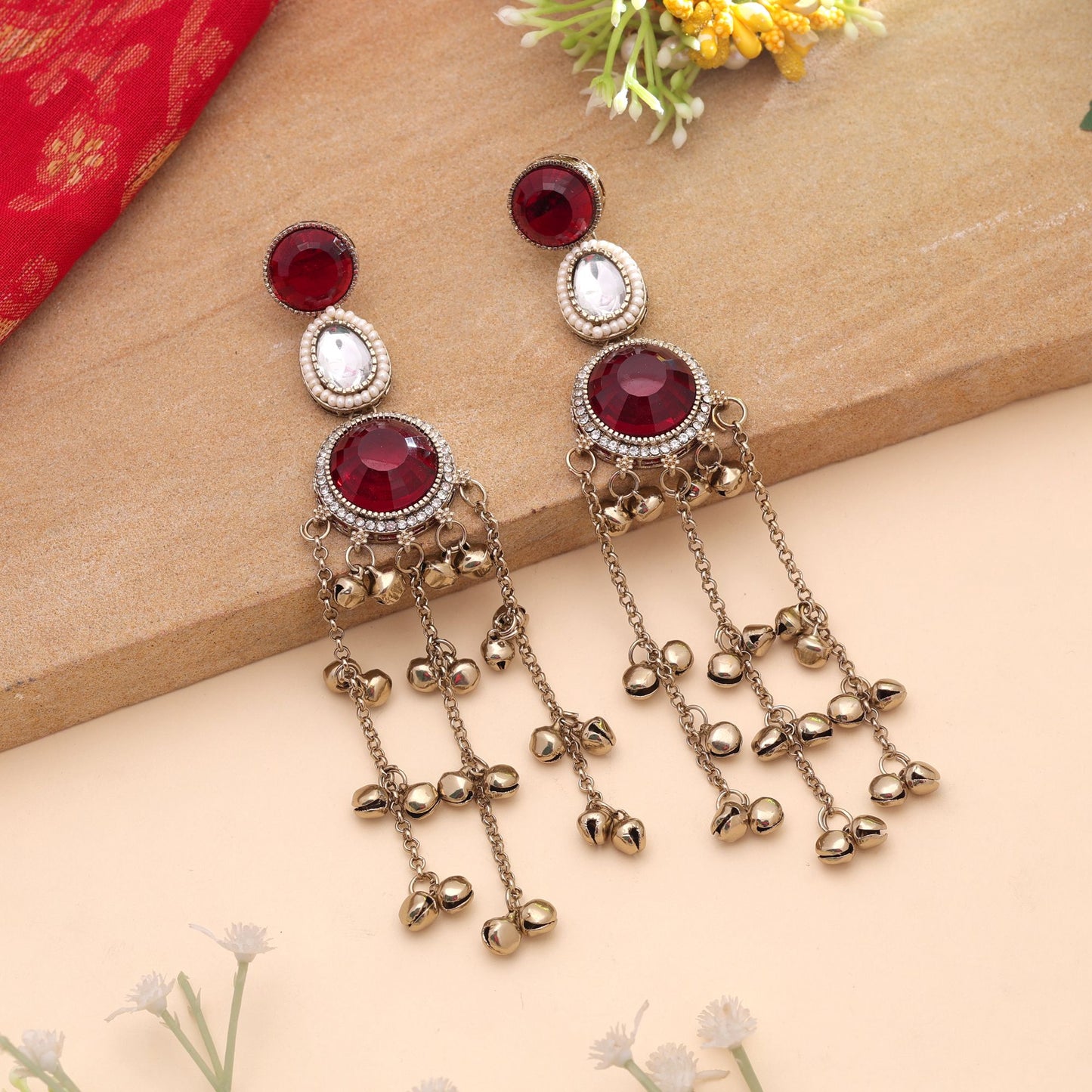 Red Color Long Kashmiri Earrings with Elegant Handmade Designer Fashion Style