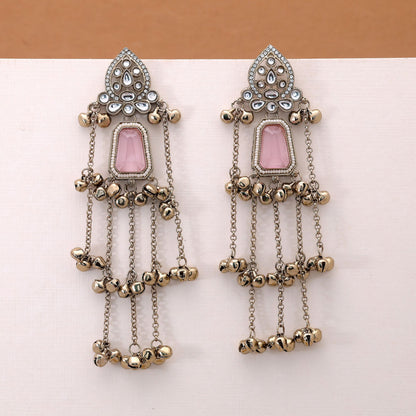 Light Pink Stone Long Kashmiri Earrings with Premium Artistic Fashion Jewelry Appeal