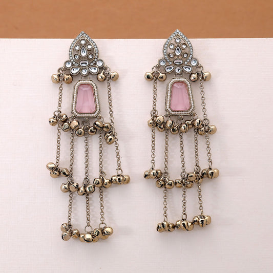 Light Pink Stone Long Kashmiri Earrings with Premium Artistic Fashion Jewelry Appeal