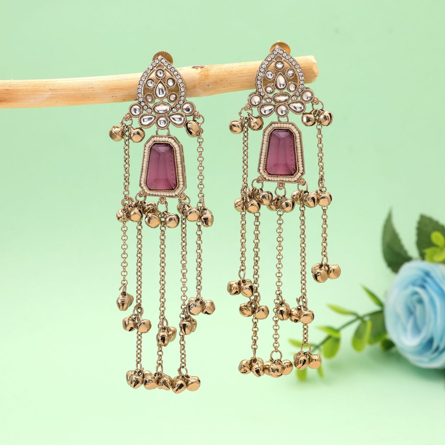 Light Purple Stone Long Kashmiri Earrings Featuring Elegant Traditional Handmade Design