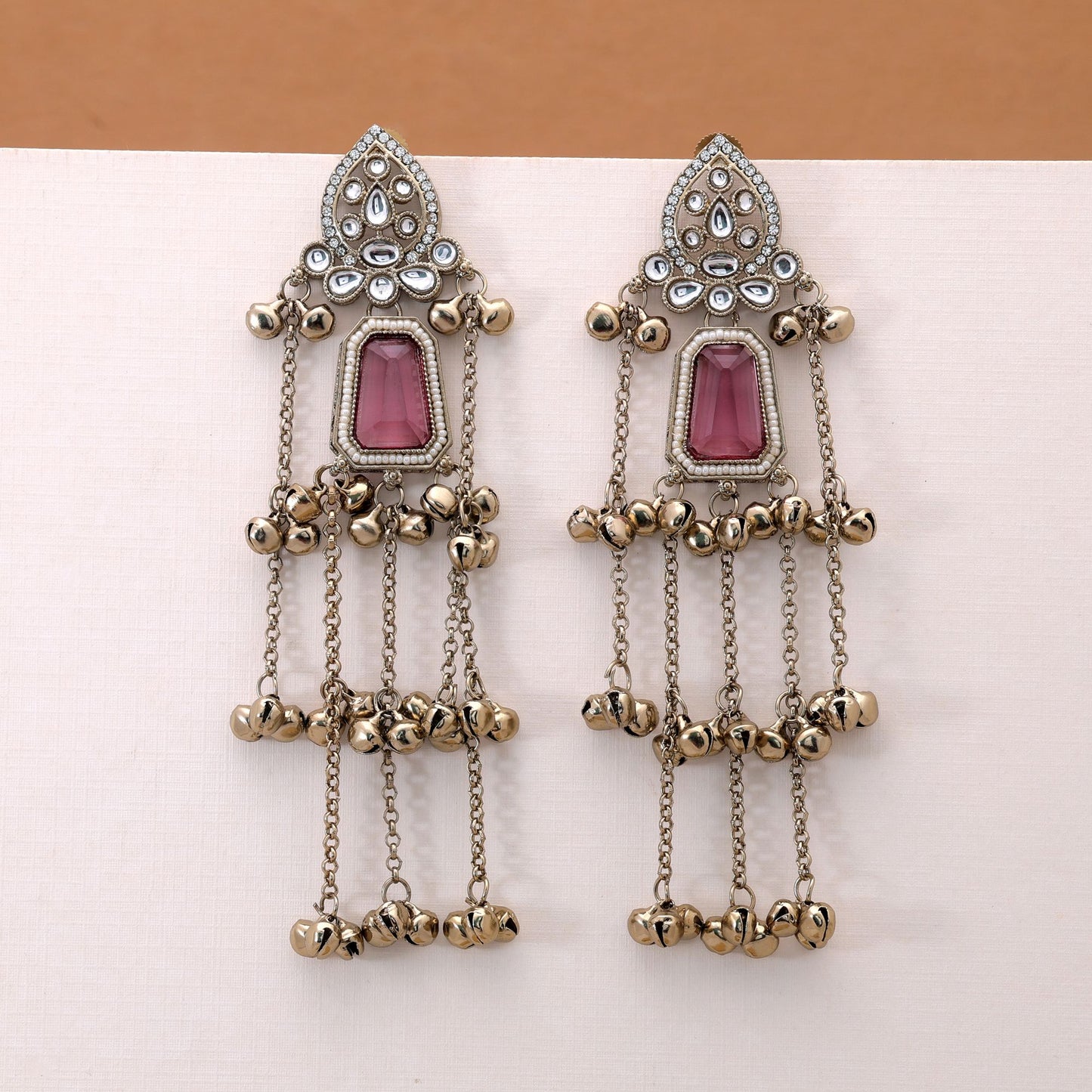 Light Purple Stone Long Kashmiri Earrings Featuring Elegant Traditional Handmade Design