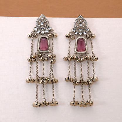 Light Purple Stone Long Kashmiri Earrings Featuring Elegant Traditional Handmade Design
