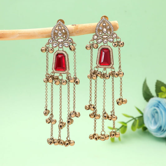 Red Color Long Kashmiri Earrings Featuring Beautiful Handmade Festive Jewelry Style