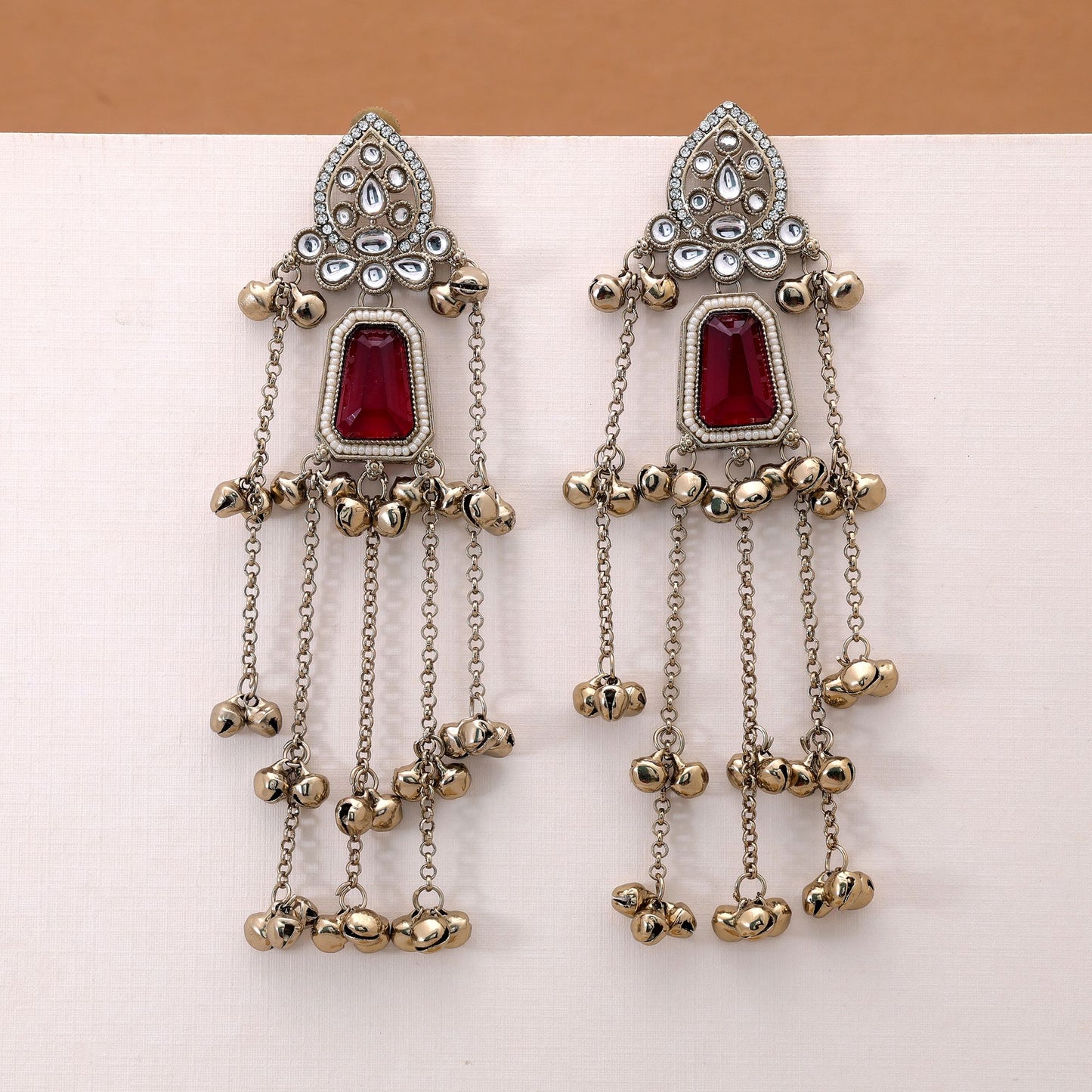 Red Color Long Kashmiri Earrings Featuring Beautiful Handmade Festive Jewelry Style