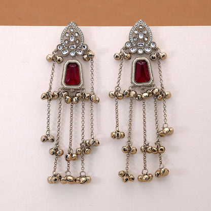 Red Color Long Kashmiri Earrings Featuring Beautiful Handmade Festive Jewelry Style