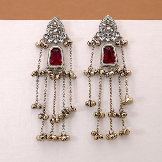 Red Color Long Kashmiri Earrings Featuring Beautiful Handmade Festive Jewelry Style