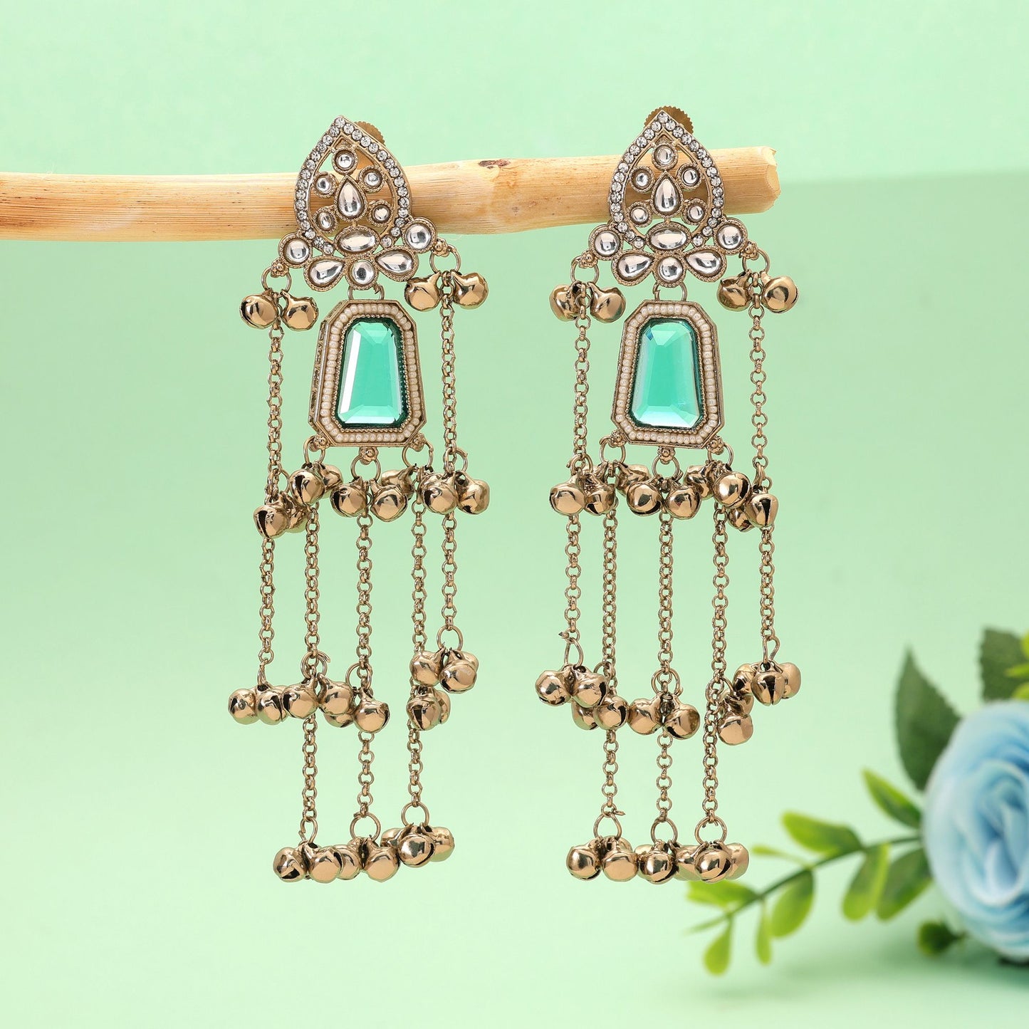 Rama Green Color Long Kashmiri Earrings Crafted with Beautiful Ethnic Jewelry Style