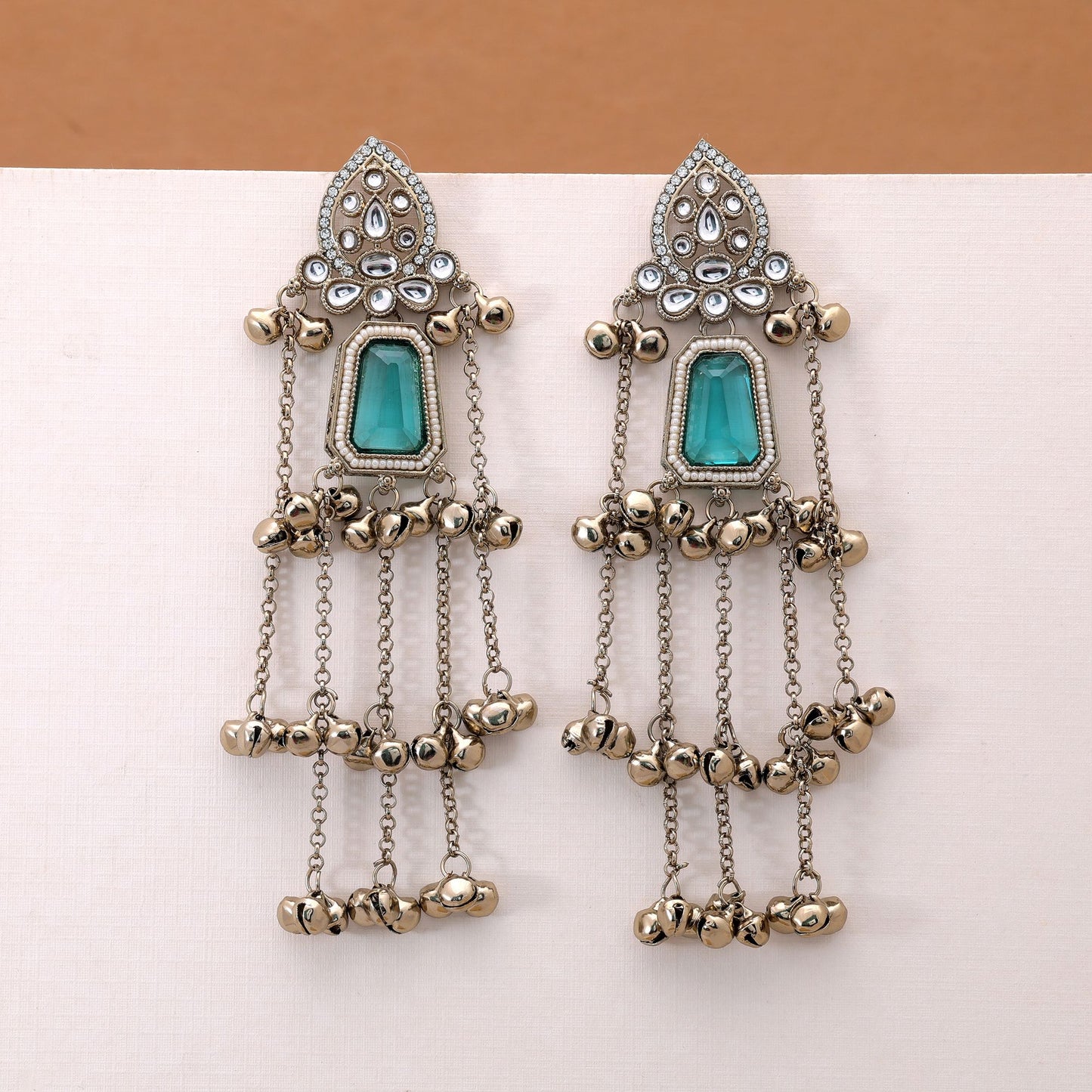 Rama Green Color Long Kashmiri Earrings Crafted with Beautiful Ethnic Jewelry Style
